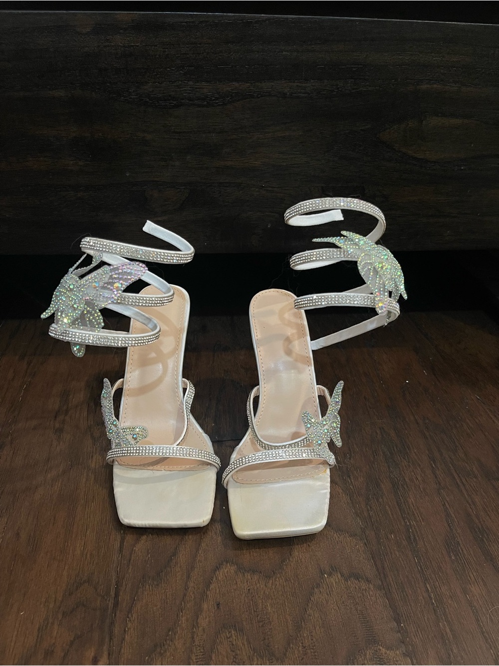 Women’s White Crystal Butterfly Strappy Heels